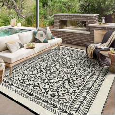 Wonnitar Ūdensizturīgs āra terases paklājs 6x9 collu plastmasas salmu paklājs Reversible Camping Large Lightweight Deck Rugs for Balcony Backyard Porch Beach Black/Beige