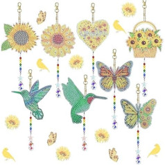 SENHAI 8 dalių 5D Diamond Painting Wind Chime rinkiniai Dvipusis Kolibris Diamond Art Sunflower Wind Crystal Butterfly ornamentai su kristalų pakabuku namų langų apdailai