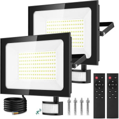 Viugreum Pack of 2 150 W LED āra prožektors ar kustības sensoru 15000 LM āra apgaismojums Cool White Prožektors ar tālvadības pulti Prožektors āra prožektors IP67 Ūdensizturīgs prožektors ar 2 skrūvēm