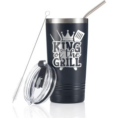 King of Grill Dāvanas vīriešiem BBQ Tumbler - Barbecue Chef Dāvanas smēķētājam, tētim, viņam, vectēvam, dēlam, brālim, tēvocim - 20 oz nerūsējošā tērauda tumbleris ar salmiņu un vāku - King of Grill