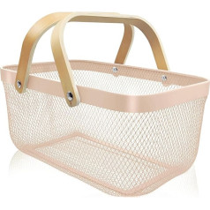 Picnic Harvest Basket: Metal Mesh Steel Storage Organizer for Garden Vegetables Multifunctional Hanging Kitchen Baskets with Wooden and Bamboo Handles Ideal for Kitchen, Bathroom, Pantry (Pink)