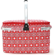 Hettoom Picnic Basket 25 L, Thermal Shopping Basket Cool Bag Foldable Shopping Basket with Lid, Insulated Basket, Outdoor Cool Box for Travel, Cool Bag for Outdoor Use, Red, 43 x 25 x 27 cm, 25 L