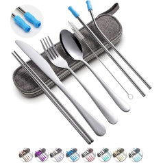 Portable Utensils, Travel Cutlery Set, Reusable Stainless Steel Cutlery Set with Case, Camping Cutlery Set, Tableware, 8 Pieces Including Fork, Spoon, Chopsticks, Cleaning Brush, Straws (Silver)