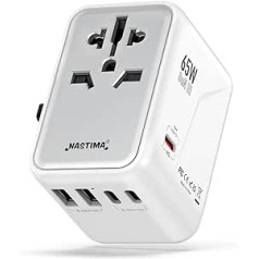 NASTIMA ceļojumu adapteris visā pasaulē universāls ceļojumu adapteris 65 W USB C lādētājs, GaN III ar 2 USB-A, 2 USB-C un 1 PD 65 W ātrās uzlādes, viss vienā kontaktligzdā ES, ASV, Apvienotajā Karalistē, Japānā, Austrālijā