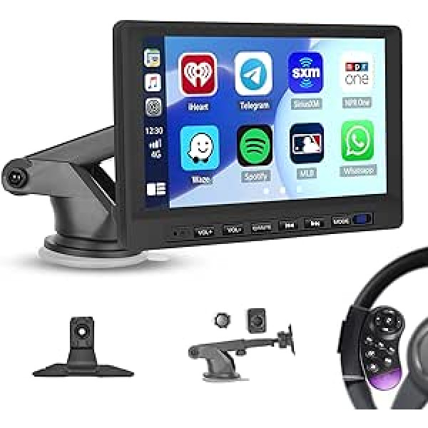 Hikity bezvadu Carplay automašīnas radio Android automašīna, 7 collu HD skārienekrāns, pārnēsājams Carplay ekrāns ar Bluetooth, Apple Airplaym, Android Cast, FM raidītājs + SWC atpakaļgaitas kamera