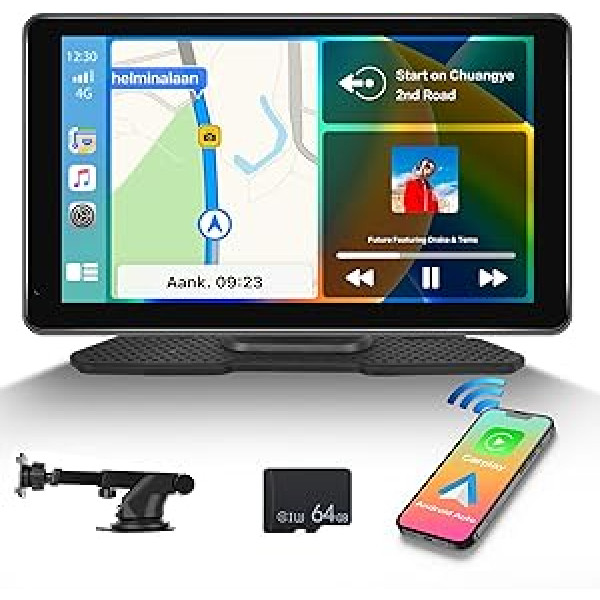 Bezvadu Carplay un Android automašīnas pārnēsājamais automašīnas radio, 7 collu IPS skārienekrāna automašīnas atskaņošanas displejs, Android automašīnas monitors Atbalsta Bluetooth 5.0/AUX/FM/GPS Navi/Airplay/Mirror Link + 64GB TF