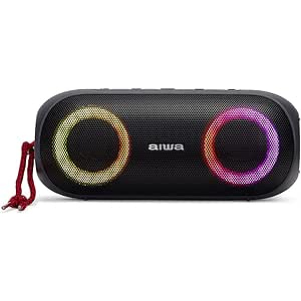 Aiwa BST-650 TWS Bluetooth skaļrunis kompakts, izturīgs un jaudīgs ar Hyper Bass tehnoloģiju (2 x 12 W jauda, RGB LED apgaismojums ar 9 režīmiem, karšu lasītājs, ūdensizturīgs) Krāsa: melna