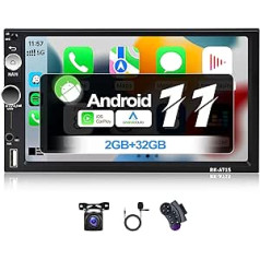 2+32G CAMECHO Android 11 automašīnas radio ar bezvadu Carplay, automašīnas radio 7 collu skārienjutīgs displejs ar satelīta navigācijas sistēmu Android automašīnas WiFi HiFi RDS/FM Bluetooth un USB + atpakaļgaitas kameru