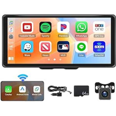 CAMECHO Wireless Carplay Android Carplay displejs, 10,36 collu HD ekrāns, pārnēsājams automašīnas radio ar Bluetooth FM raidītāju, spoguļa saite, balss vadība, AUX/C tips, 64 G karte + atpakaļgaitas kamera