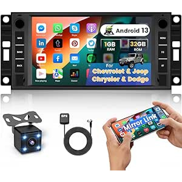 Hikity Android automašīnas radio priekš Jeep ar 7 collu ekrānu Bluetooth brīvroku komplekta automašīnas radio ar navigācijas sistēmu Double DIN priekš Dodge Ram Challenger Chrysler Touch FM/WiFi/USB/Mirror Link + atpakaļgaitas kamera