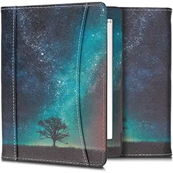 kwmobile Flip Case saderīgs ar Kobo Aura H2O Edition 2 — priekšējā nodalījuma rokas siksna — Galaxy Tree Meadow zili pelēki melni