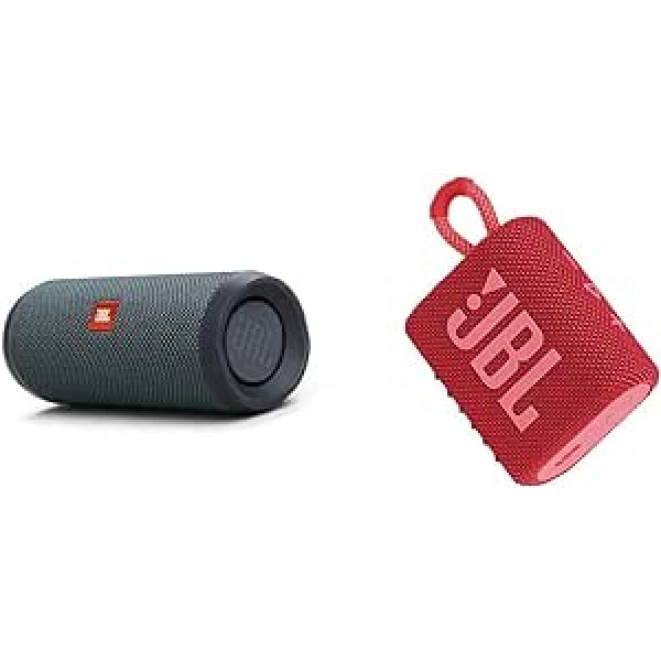 JBL Flip Essential 2 Bluetooth Box melnā krāsā — ūdensnecaurlaidīgs pārnēsājams skaļrunis ar izcilu skaņu un GO 3 maza Bluetooth kaste sarkanā krāsā — ūdensizturīgs pārnēsājams skaļrunis ceļojumiem