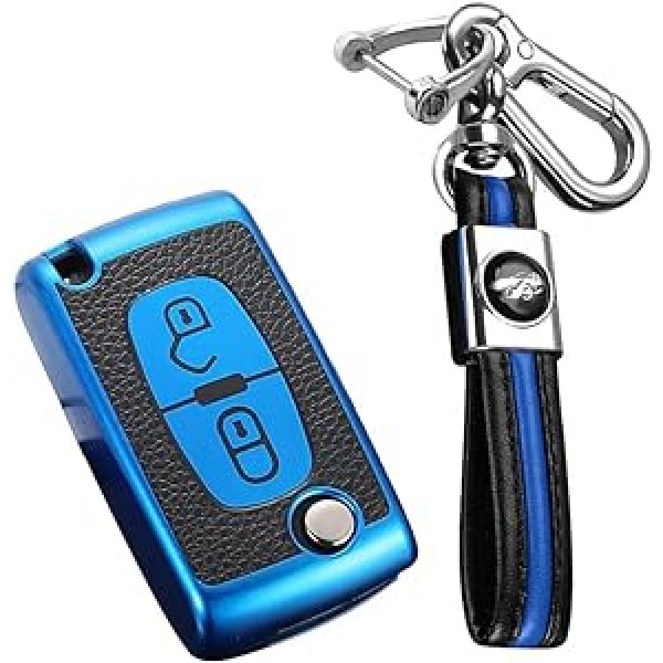 KUNIO Flip Key Case Piemērots Citroen C1 C2 C3 C4 Boxer Der Peugeot 207 307 407 308 1007 3008 5008 TPU Ādas tekstūra Automašīnas atslēgu futrālis Atslēgu maka atslēgas vāciņš 2 pogas Zils