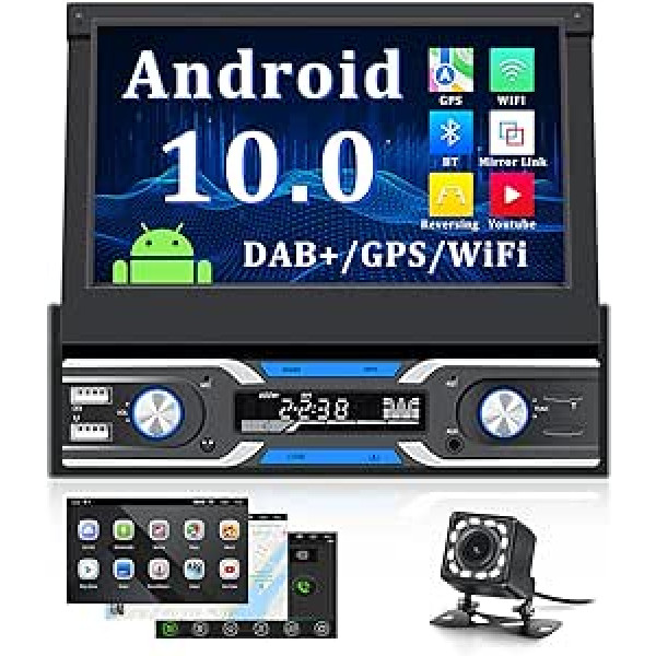 CAMECHO DAB Plus Android 10 automašīnas radio 1 DIN ar satelīta navigācijas ierīci, automašīnas radio ar ekrānu 7 collas/Bluetooth brīvroku zvans/WiFi/GPS/USB/DVR ieeja/stūres vadība/spoguļa saite + atpakaļgaitas kamera