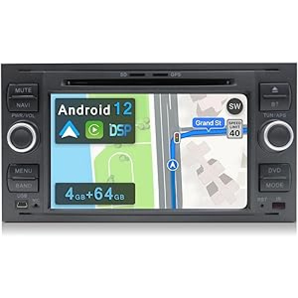 YUNTX [4 GB+64 GB] Android 12 automašīnu radio, kas paredzēts Ford Fiesta/Kuga/Transit/Focus-2 Din-[Integrēts bezvadu CarPlay/Android Car/DSP/GPS]-IPS + kamera + MIC-DAB/Stūres vadība/360