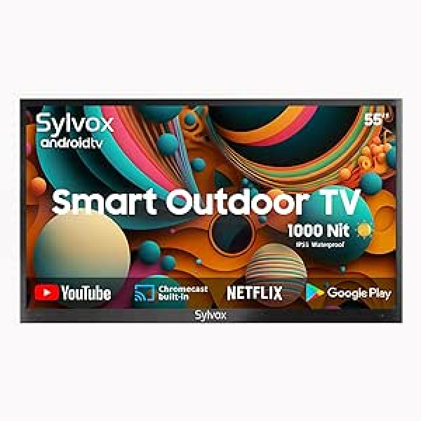 SYLVOX 1000 nitu 55 collu āra televizors, IP55 ūdensizturīgs, viedais Android TV 4K UHD, HDR 10, Dolby Audio televīzijas balss meklēšana, DTV un ATV, DVB-T/C/T2/S/S2 HBBTV Chromecast, Bluetooth un WiFi, Deck Pro