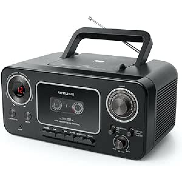 Muse M-182 stereo radio with CD player and cassette recorder with recording function, battery operation possible (FM and AM tuner, AUX input, telescopic antenna), black