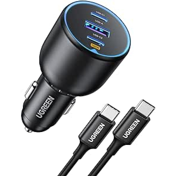 UGREEN cigarešu šķiltavas USB C 130W USB C automašīnas lādētājs 3 portu automašīnas lādētājs USB C savietojams ar iPhone 15/15 Plus/15 Pro/15 Pro Max/14/13/12, MacBook Pro/Air, Surface Pro, Galaxy S24/S23 utt