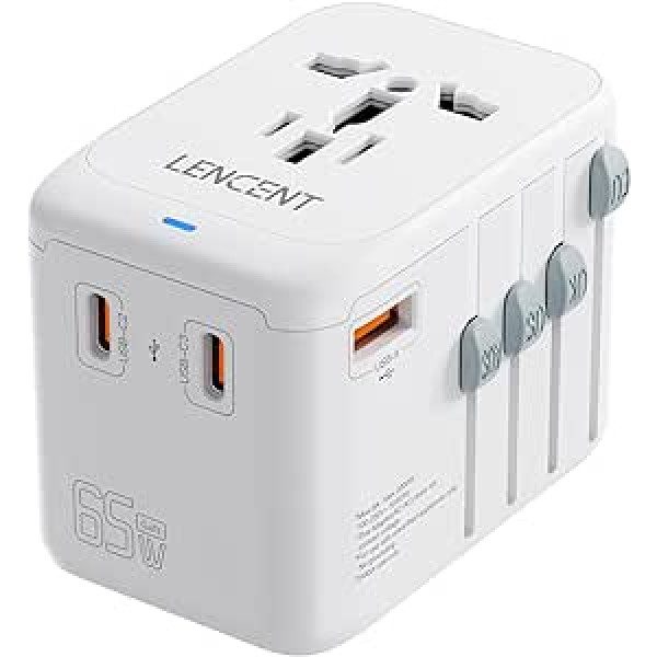 LENCENT starptautiskais ceļojumu adapteris, GaN III 65 W universāls ceļojumu spraudnis ar 1 USB-A un 3 USB-C PD ātrās uzlādes, ligzdas adapteris A/C/G/I tipam (ASV/UK/ES/AUS) ligzda, balta