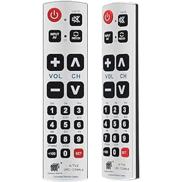 Alkia Big Button universālā tālvadības pults A-TV2, sākotnējais iestatījums priekš Lg, Vizio, Sharp, Zenith, Panasonic, Philips, RCA — ievietojiet akumulatoru darbā, nav nepieciešama programma