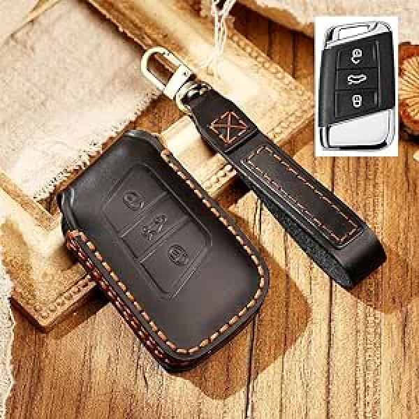 HIBEYO Smart Car Key Case Der VW ādas aizsargatslēgu kārbas vāciņam priekš Atlas Magotan CC Skoda Superb Kodiaq atslēgu futrālis tālvadības atslēgas piekariņa atslēgas futrālis A melns