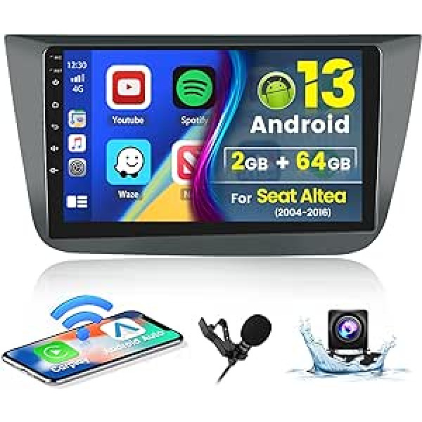 Hikity 2G 64G Android 13 bezvadu Carplay automašīnas radio ar satelīta navigācijas ierīci Seat Altea 2004-2016 (vadīšana kreisajā pusē) 9 collu skārienekrāna automašīnas radio ar GPS Bluetooth FM RDS WiFi HI-FI Android automašīnas mikrofons