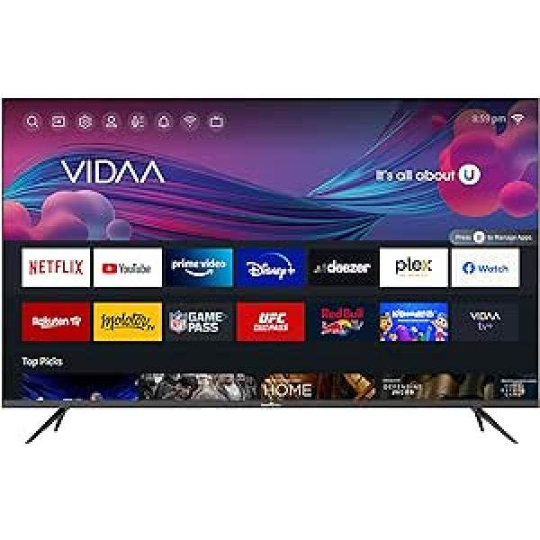 SMART TECH 4K-UHD LED 43 collu (109 cm) VIDAA viedais televizors 43UV10V1, četrkodolu, 1,5 G/4G, DVB-T2/C/S2, WIFI-2T2R, H.265, Dolby Audio, 3xHDMI, 2xUSB, Netflix// YouTube, Premium Video o/Google Assistant, melns