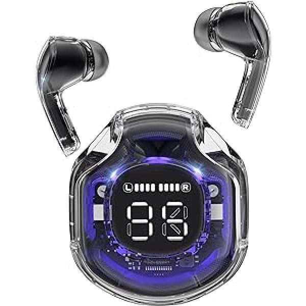 ACEFAST T8 Bluetooth austiņas, bezvadu Bluetooth 5.3 in-Ear ar 4 mikrofoniem, 30h akumulators, caurspīdīgs LED displejs, ENC trokšņu slāpēšanas austiņas, HiFi stereo austiņas, vēsi melna