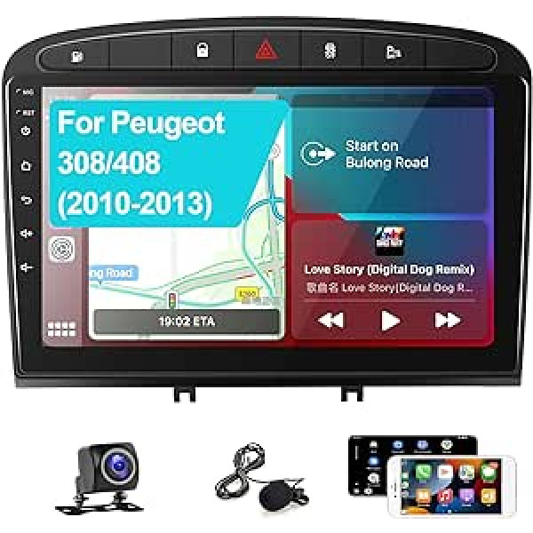 Podofo Android Car Radio priekš Peugeot 308 408 2007-2013, 9 collu skārienekrāns Carplay Android Car WiFi Bluetooth USB FM RDS radio automašīnas video stereo atskaņotājs priekš Peugeot + atpakaļgaitas kamera + mikrofons