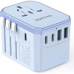 EPICKA ceļojumu adapteris visā pasaulē, universālais ceļojumu adapteris, starptautiskā ligzdas adapteris, ceļojumu spraudnis ar 3 USB-C, 2 USB-A, ceļojumu adapteris Vācijai, ASV, Taizemei, Austrālijai, TA-105C, zils