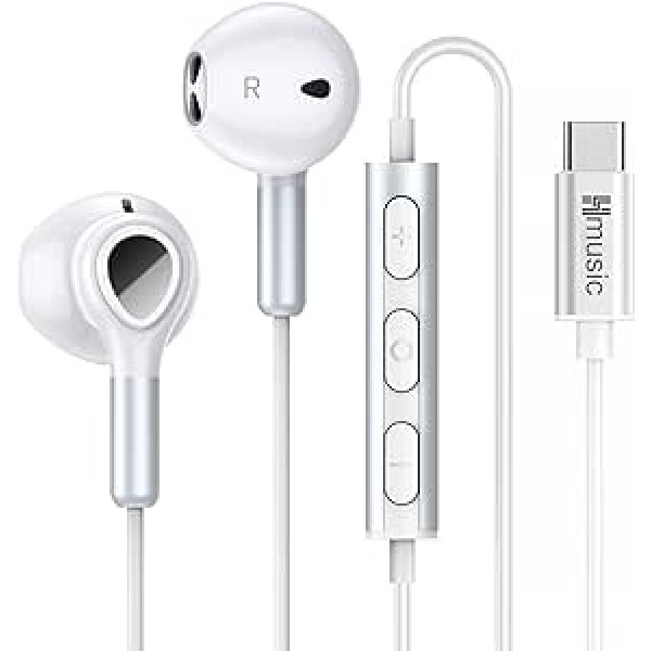 Hmusic USB C austiņas, C tipa USB austiņas, magnētiskās vadu austiņas, ausīs ievietojamas austiņas ar mikrofona skaļuma kontroli, kas paredzēta Samsung Galaxy S22 S21 S20 FE22/ Pixel 6 5 4 3XL/Xiaomi 12/11 (balts)