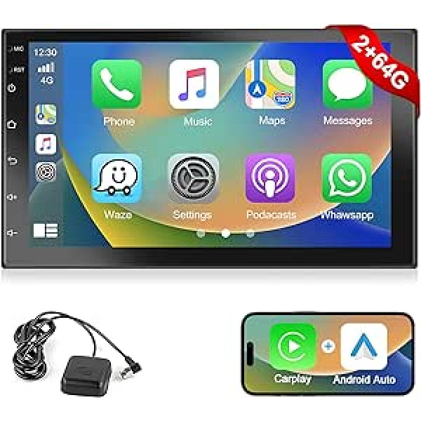 2+64G podofo 2Din 7 collu automašīnas radio ar bezvadu Apple Carplay/Android Car Android 13 ekrānu ar GPS/Bluetooth/Mirror Link/SWC/FM/RDS/WiFi/USB atbalstu aizmugurējā kamera