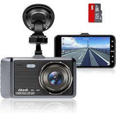 Abask Dash Cam automašīnas priekšējā 1080P automašīnas kamera ar 32 GB SD karti, 4 collas, 170° platleņķis, nakts redzamība, WDR G-sensors, cilpas ierakstīšana, stāvvietas uzraudzība, kustības noteikšana, atpakaļgaitas palīgierīce, ekr