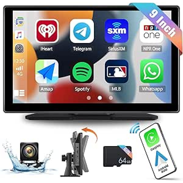 CAMECHO bezvadu Apple Carplay Android automašīnas portatīvais auto radio, 9 collu Carplay displejs ar 1080P ūdensizturīgu atpakaļgaitas kameru, AirPlay, Siri/Google Assistant, Bluetooth AUX/FM + 64 GB TF karte