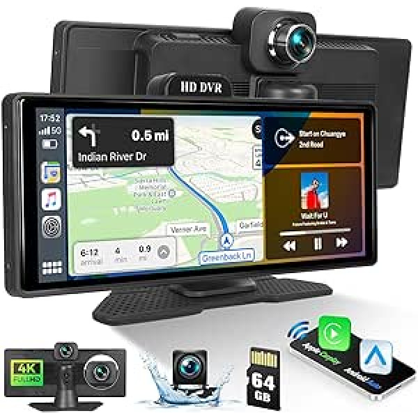 Bezvadu CarPlay Android automašīnas uztvērējs ar 4K Dash Cam priekšējā un aizmugurējā skata kameru, 10,26 collu pārnēsājams skārienekrāna automašīnas radio ar Bluetooth Mirror Link FM raidītāju AUX kabelis 64G SD karte + cilpa