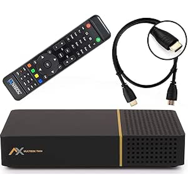 AX Multibox Twin 4K UHD E2 Linux Twin satelīta uztvērējs ar PVR ierakstīšanas funkciju, DVB-S2 uztvērējs, HDTV, 2160p, H.265, HDR [iepriekš ieprogrammēts Astra un Hotbird] + HDMI kabelis