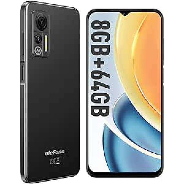 Ulefone Note 14 Pro viedtālrunis bez līguma, 64 GB ROM 8 GB RAM 128 GB paplašināms 6,52 collu ekrāns 4500 mAh 13MP + 5MP Android 12 4G mobilais tālrunis lēti divu SIM 3 karšu sloti/Face ID/GPS/C tips, melns