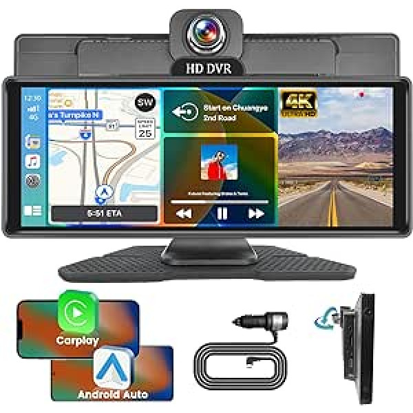 Hikity Wireless Apple Carplay Android Car 10,26 collu pārnēsājams automašīnas radio ar 4K Dash Cam bezvadu skārienekrāna radio Bluetooth brīvroku komplekts dalīta ekrāna Siri/Google FM AUX USB 9-36V