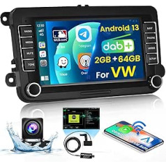 2 + 64 GB Android automašīnas radio ar DAB DAB+ priekš VW Passat Jetta Touran Golf 5 6 Polo ar bezvadu CarPlay un Android automašīnu, 7 collu ekrāna skārienjutīgs displejs radio un navigācija WiFi RDS Bluetooth atpakaļgaita