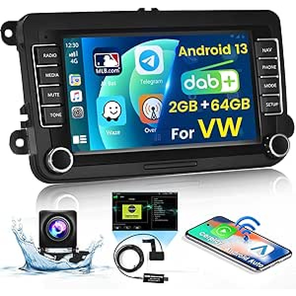 2 + 64 GB Android automašīnas radio ar DAB DAB+ priekš VW Passat Jetta Touran Golf 5 6 Polo ar bezvadu CarPlay un Android automašīnu, 7 collu ekrāna skārienjutīgs displejs radio un navigācija WiFi RDS Bluetooth atpakaļgaita