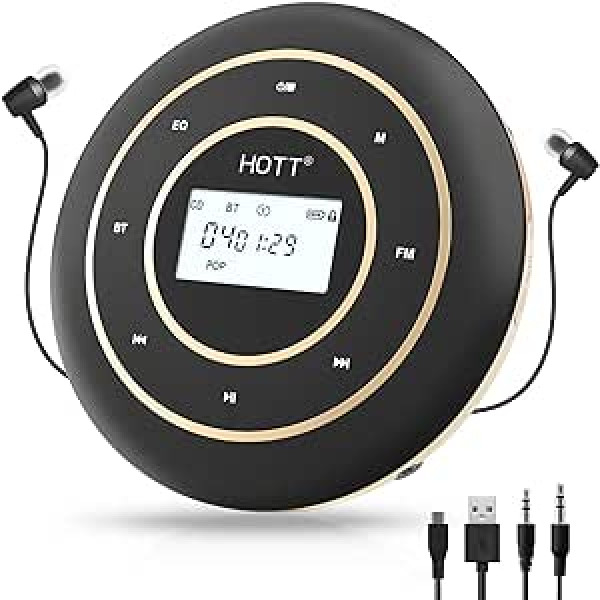 Pārnēsājams CD atskaņotājs, HOTT C105 mazs CD atskaņotājs ar Bluetooth un FM, uzlādējams CD radio ar austiņām un AUX līniju, kompaktdisku diskdzinis piemērots CD, MP3, CD-R, CD-RW, automašīnām, ceļojumiem un ģimenei