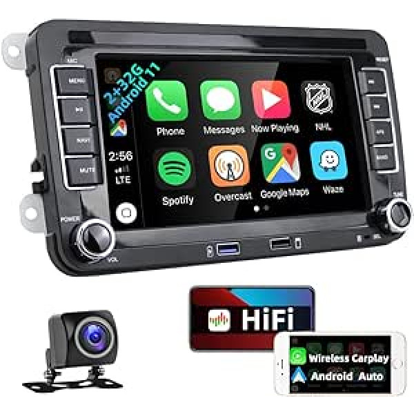 [2+32G] podofo 2 DIN automašīnas radio priekš VW Golf Polo Seat Skoda ar bezvadu Apple Carplay, 7 collu Android 11 automašīnas radio ar ekrānu Bluetooth/HiFi/Android Car/WLAN/GPS/RDS radio + atpakaļgaitas kamera