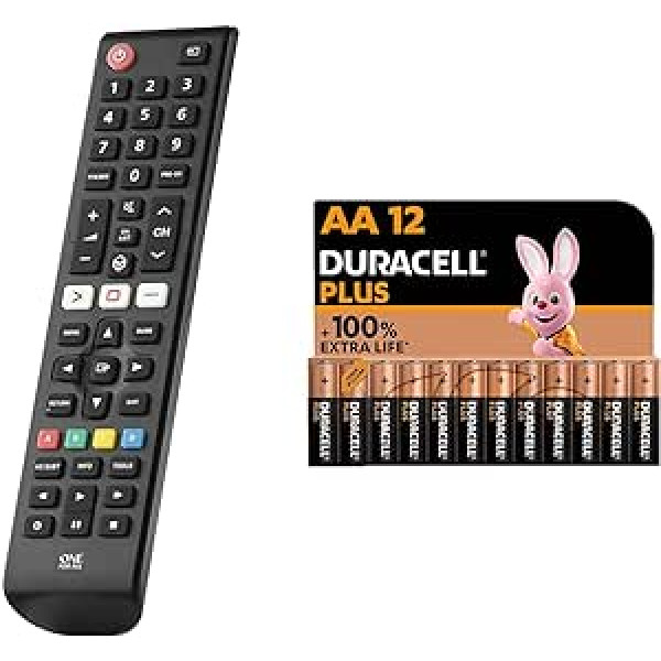 One for All Samsung TV tālvadības pults — darbojas ar visiem Samsung televizoriem/viedtelevizoriem URC4910 un Duracell Plus AA Mignon sārma baterijām, 1,5 V LR6 MN1500, iepakojumā 12 LR06