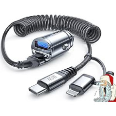 LISEN USB Cigarette Lighter Adapter, [Safety Certified] 90 W Charger for Car Mini Metal Alloy Car USB Charger Connected 2-in-1 Cable with iPhone 15/14/13/12, Note 9/Galaxy S10/S9, iPad