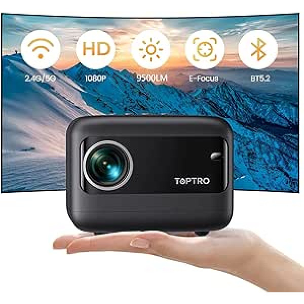 Elektriskais fokuss: mini projektors, Full HD 1080P projektors, 9500 lūmenu TOPTRO 5G WiFi Bluetooth mājas kinozāles video projektors, pārnēsājams projektors ar 240 collu displeju, kas ir savietojams ar uguni