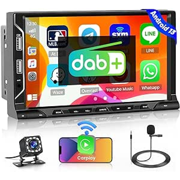 Android 13 Carplay automašīnas radio ar navigāciju 2 DIN automašīnas radio ar Android automašīnas 7 collu skārienjutīgu displeju DAB radio atbalsts WiFi Bluetooth/FM/RDS/6 USB ports + atpakaļgaitas kamera