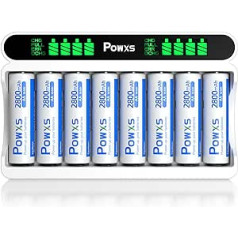 POWXS baterijų įkroviklis 8 skyriai su 8 AA baterijomis, AA AAA baterijų įkrovikliai su LCD ekranu, didelės talpos AA įkraunamos baterijos, mikro USB ir C tipo įvestis NIMH/NICD baterijai