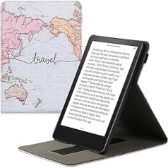 kwmobile aizsargmaciņš, kas saderīgs ar Amazon Kindle Paperwhite (11. paaudze — 2021. gads) - E-lasītājs futrālī ar siksnas statīvu - Ceļojumu uzraksti, melni daudzkrāsaini