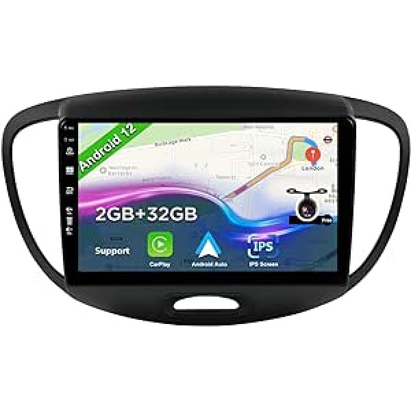 BXLIYER 9 collu Android 12 automašīnas radio priekš Hyundai I10 (2007-2013) — atpakaļgaitas kamera bez maksas — 2G + 32G — 2 DIN — DAB vadība ar stūri, WiFi Carplay Android automašīnas DSP dalīts ekrāns 4G Bluetooth