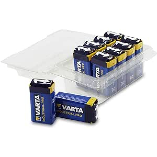 Varta Industrial Battery 9 V bloka sārma baterijas 6LR61 atkārtoti noslēdzamā kastītē, iepakojums pa 10 no Weiss — vairāk jaudas +